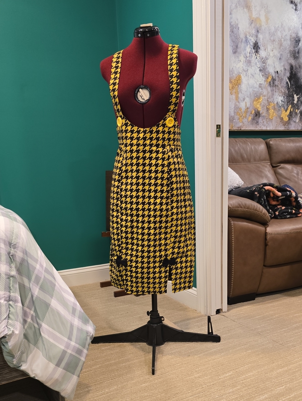 Bonsai Kitten Yellow & Black Houndstooth Pinafore Midi Dress, Size 6